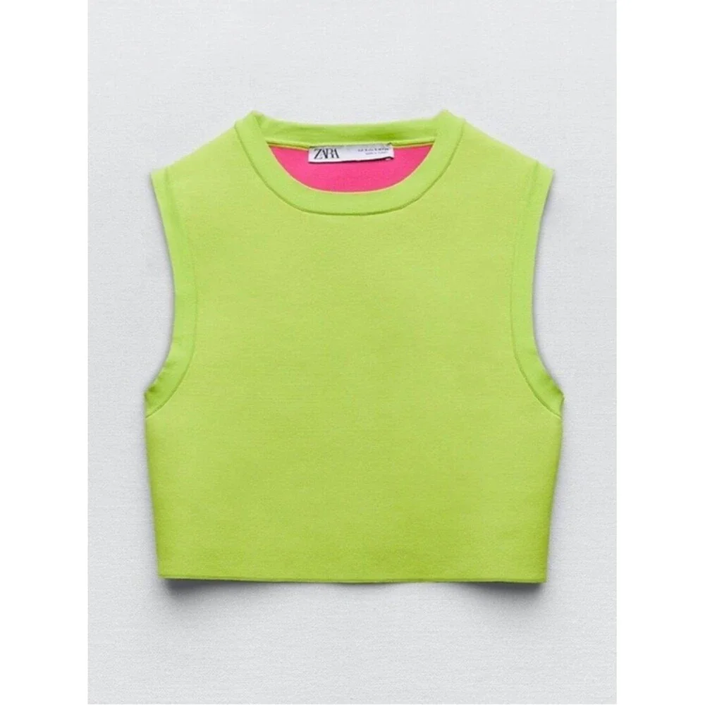 ZARA Neon Lime Sleeveless Knit Crop Top Size M Bold Y2K Minimalist Chic